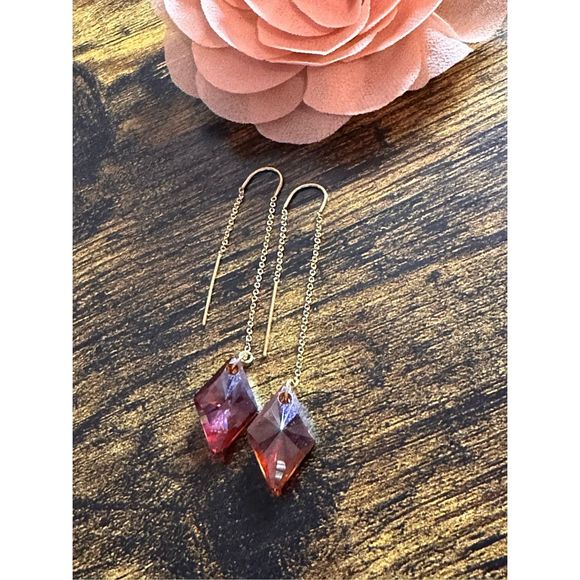 488. Gold filled threader earrings Austrian Crystal ￼Red Magma - Picture 6 of 6